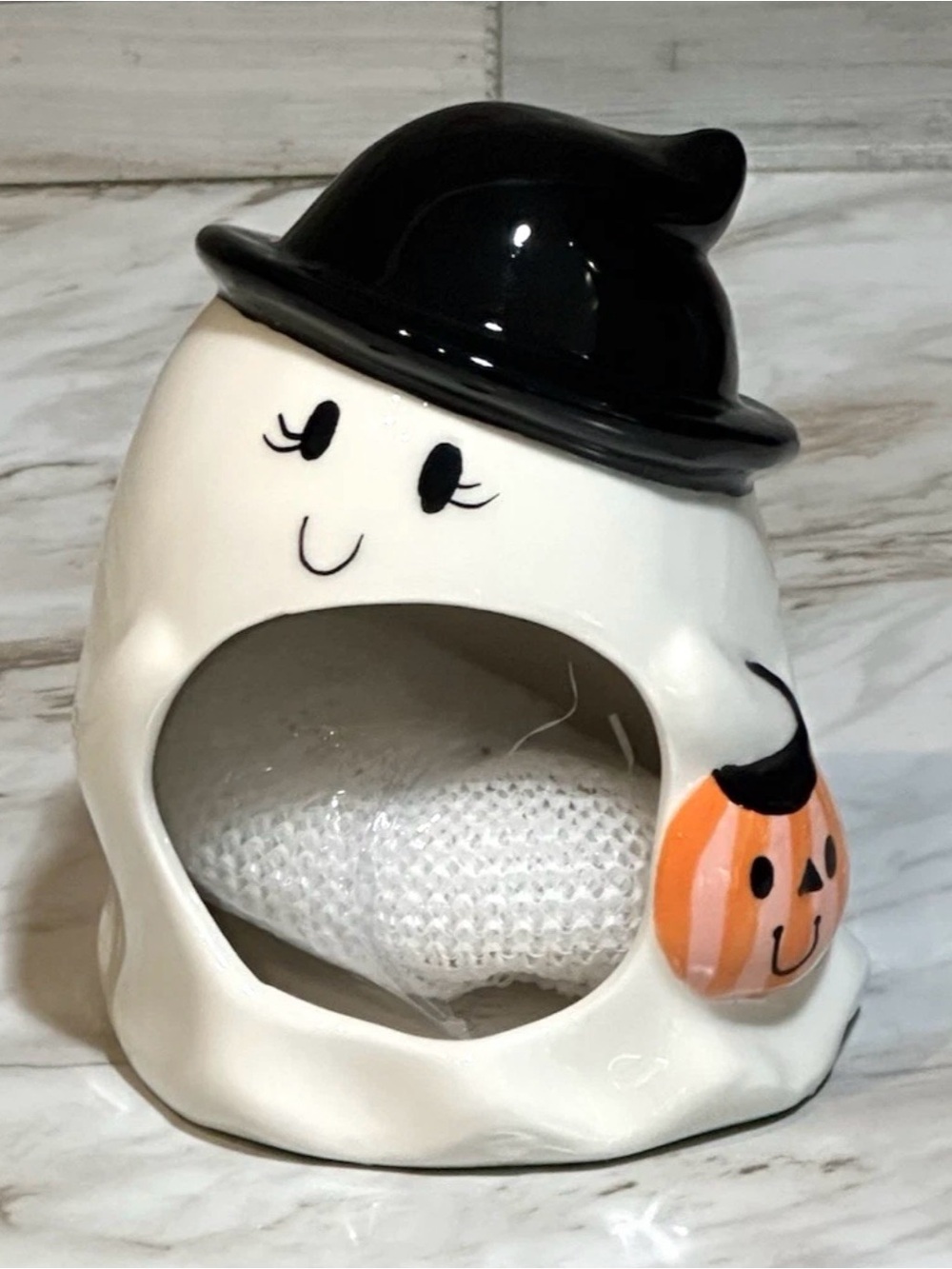 Cute Ghost with Witches Hat Kitchen Dish Scrubby Holder Ceramic